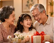 Gia đình nhiều thế hệ quây quần bên hộp quà
